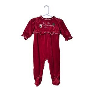 VTG Simply Basic Velvet 1 pc Romper 3-6 Mo Red w/Headband Babys First Christmas